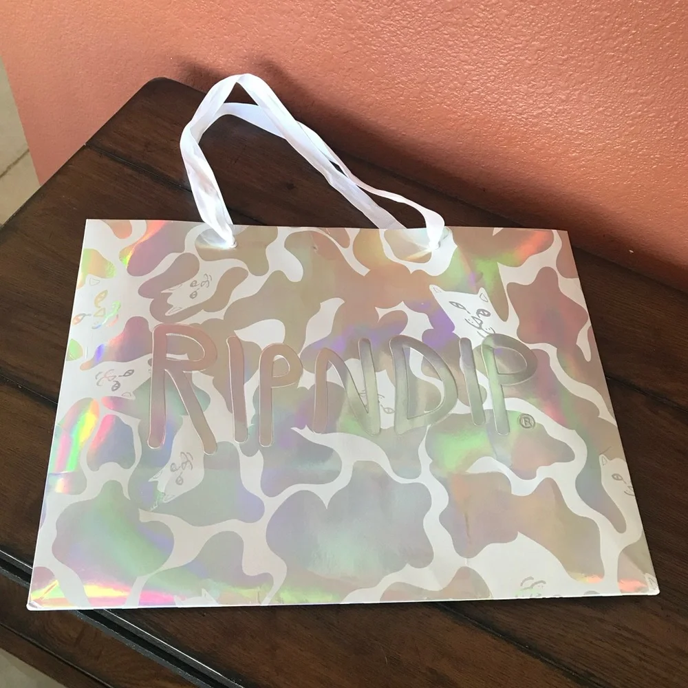 Ripndip LA Iridescent Camouflage Shopping Bag with White Ribbon Handles in EUC